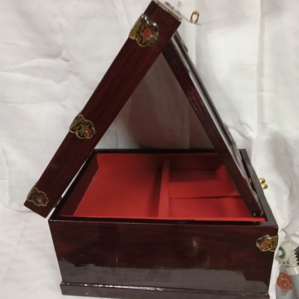 Vintage Asian Style Wooden Jewelry Box with Beveled Mirror
